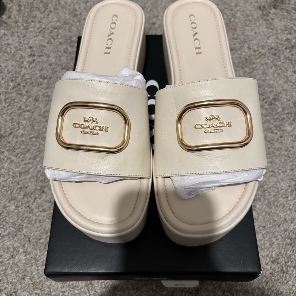 Coach Women's Cream and Gold Slide Sandals